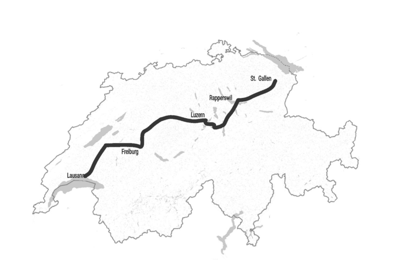Landeskarte auf der ein Reiseweg eingezeichnet ist. Dieser folgt einer Wanderung in einer Geschichte.